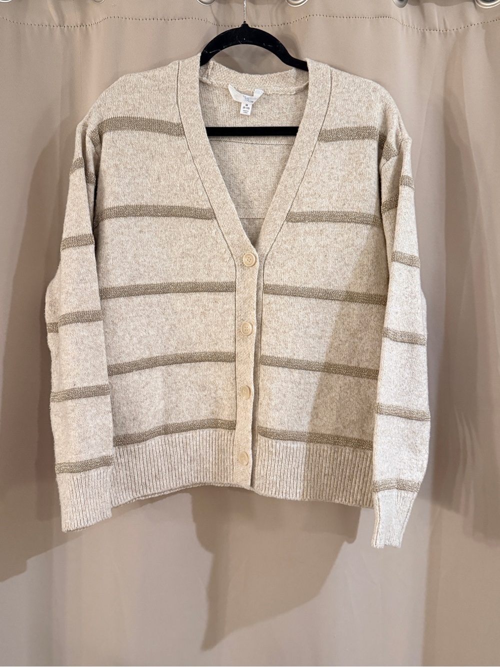 Time & Tru Beige Striped V-Neck Button Cardigan Sweater